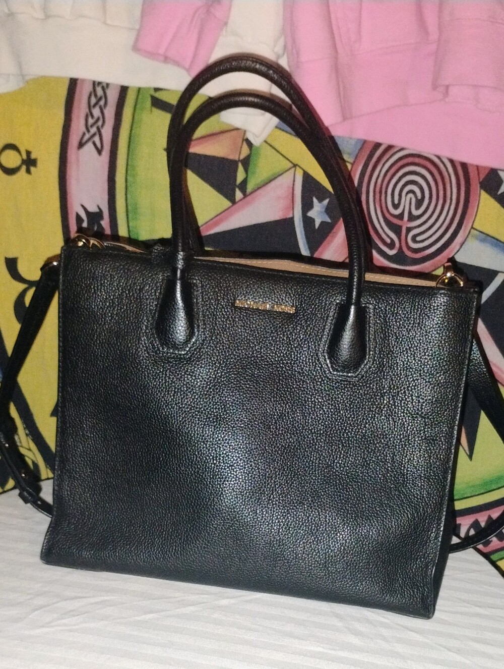 Michael Kors Mercer Black Pebbled Satchel Tote Gold Hardware Shoulder Strap